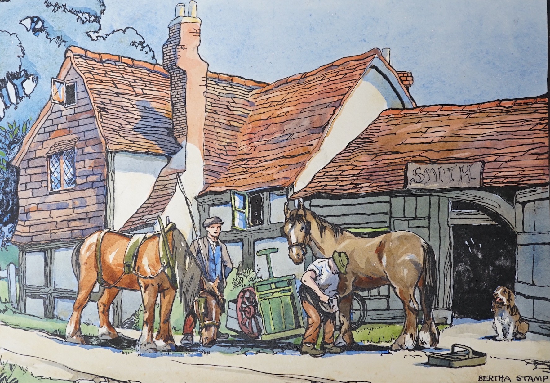 Bertha Stamp, four ink and watercolour postcard designs, vintage country scenes with working horses, signed, overall 29 x 39cm, unframed